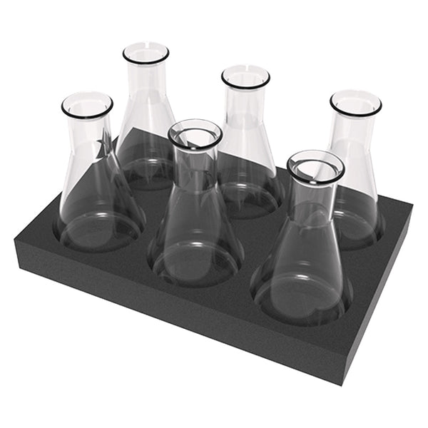Six clear glass Erlenmeyer flasks in a black foam tray by Oxford Lab Products.