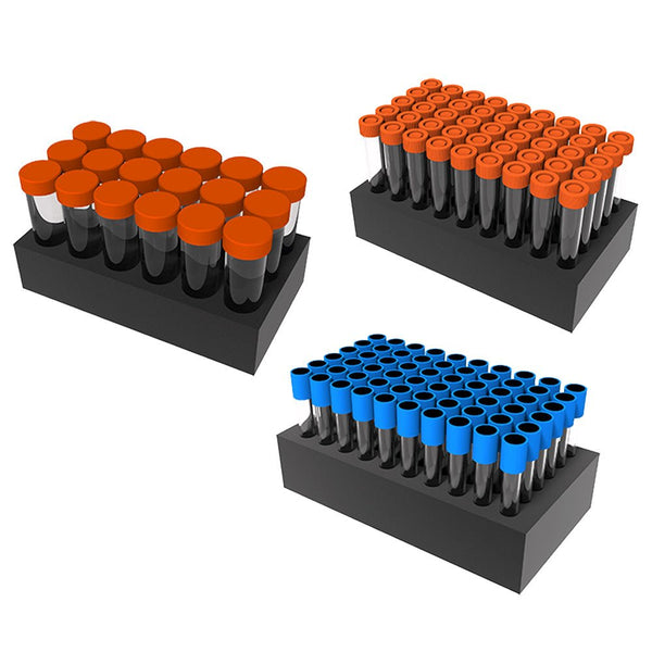 Test tubes in black foam trays by Oxford Lab Products with assorted colored lids.