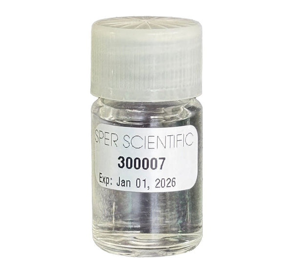 Brix calibration solution by Sper Scientific with a clear, glass bottle and a white cap.