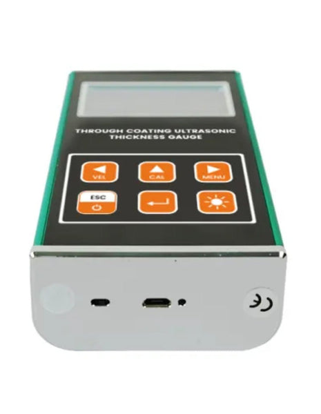 Through coating ultrasonic thickness gauge by BRK with digital display and orange buttons.