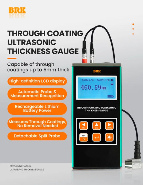 Ultrasonic thickness gauge by BRK with digital display and probe connections, shown with orange accents.
