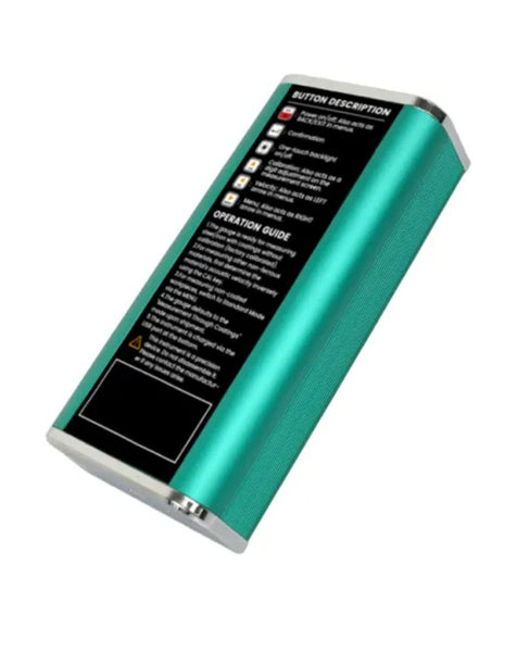Teal ultrasonic thickness gauge by BRK, featuring button descriptions and operation guide, captured at an angle.