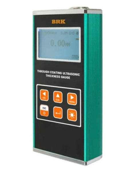 Ultrasonic thickness gauge by BRK with a digital screen and multiple control buttons.