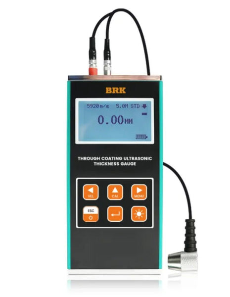 Through coating ultrasonic thickness gauge by BRK with a digital display, buttons, and cables.
