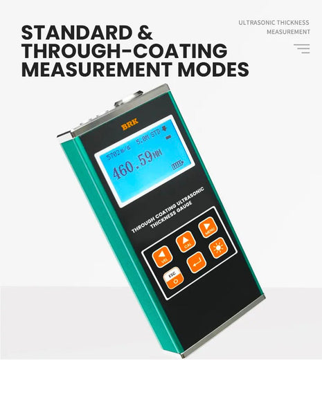 Through coating ultrasonic thickness gauge by BRK with a green and black body, showing a digital measurement display.
