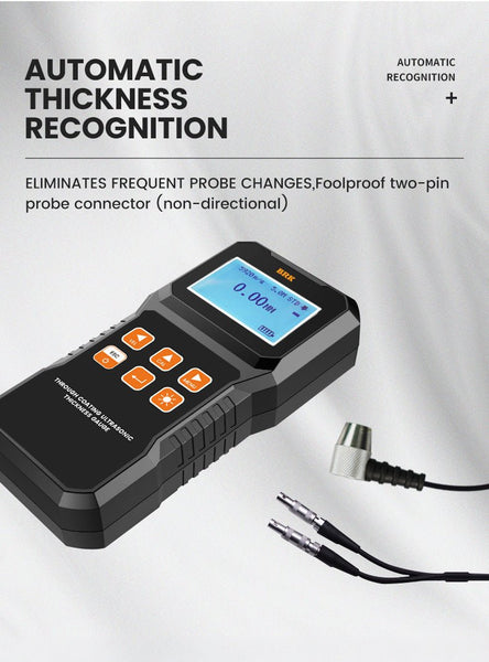 Black ultrasonic thickness gauge by BRK with a screen displaying 0.00mm, next to the probe connector.