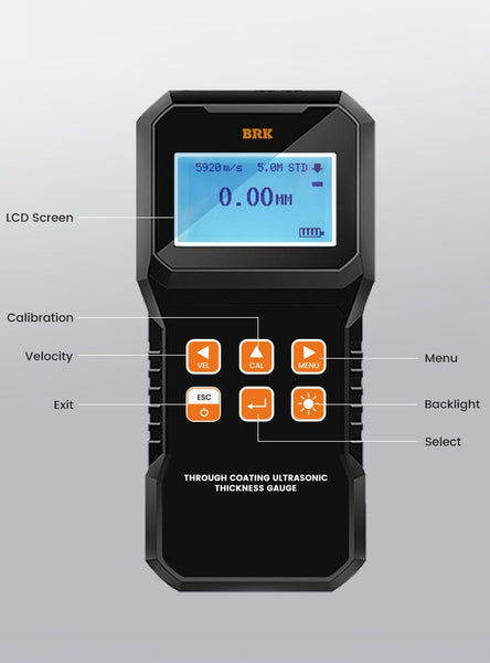 Through coating ultrasonic thickness gauge by BRK, featuring a digital display, multiple function buttons, and a rugged black casing.
