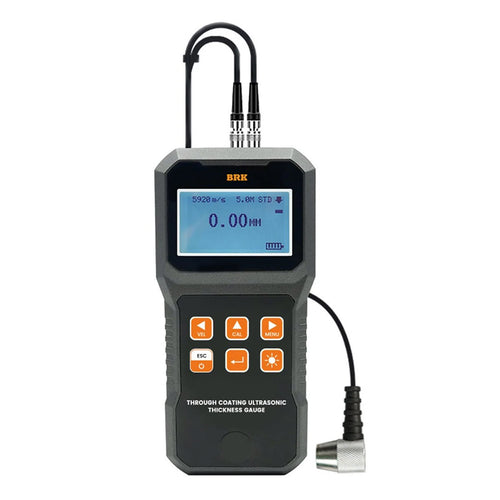 Gray ultrasonic thickness gauge by BRK, displaying a digital reading with connected probe cables.
