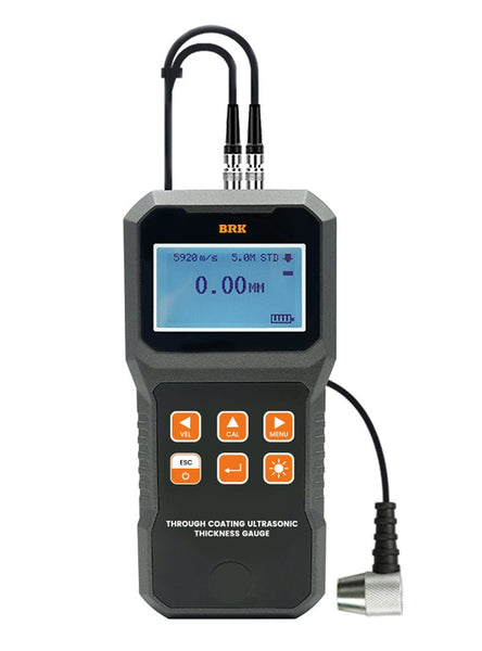 Gray ultrasonic thickness gauge by BRK, displaying a digital reading with connected probe cables.
