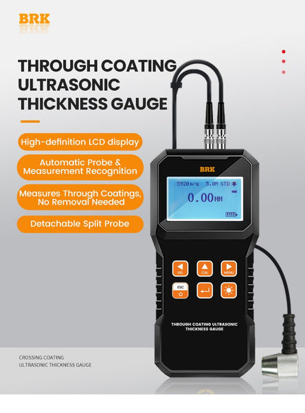 Black through coating ultrasonic thickness gauge by BRK with a split probe and LCD display.