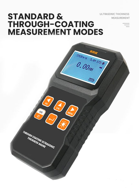 Black ultrasonic thickness gauge by BRK, featuring a digital display screen and multiple control buttons.
