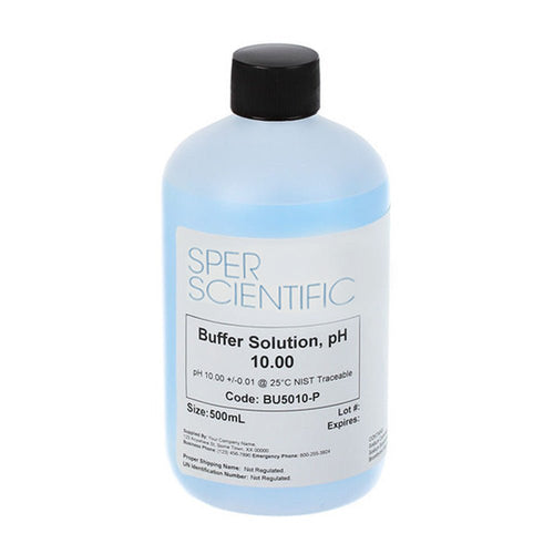 Blue buffer solution by Sper Scientific in a clear plastic bottle with a black cap.