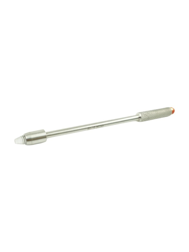 Metallic straight beam probe by BRK with a white tip, knurled grip, orange end cap, and model text on its shaft, displayed horizontally.