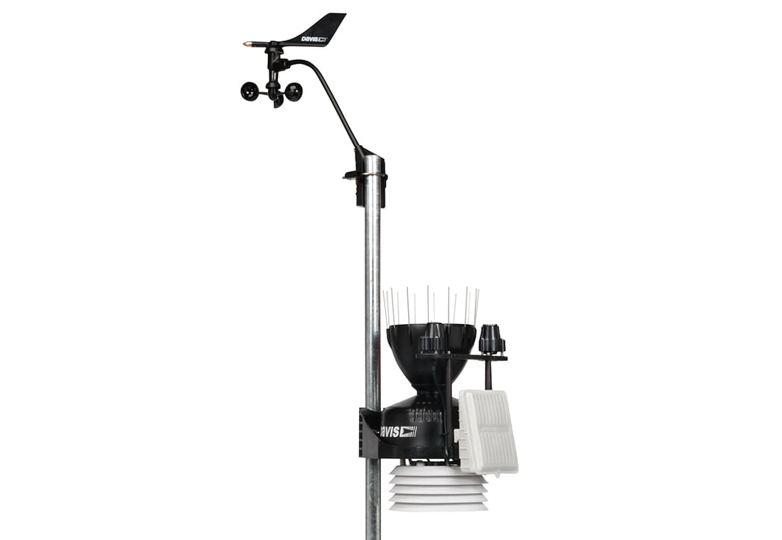 Cabled Vantage Pro2 Plus Sensor Suite Weather Station by Davis Instruments, with anemometer, rain collector, and radiation shield.