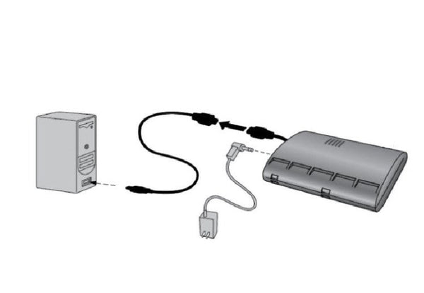 Data collection cabled Weather Envoy by Davis Instruments, connected to a computer with a black cable and a power adapter.