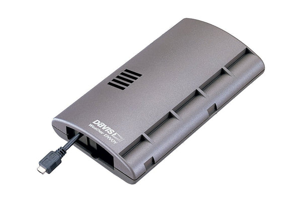 Gray cabled weather envoy from Davis Instruments with ventilation slots and a USB cable visible.