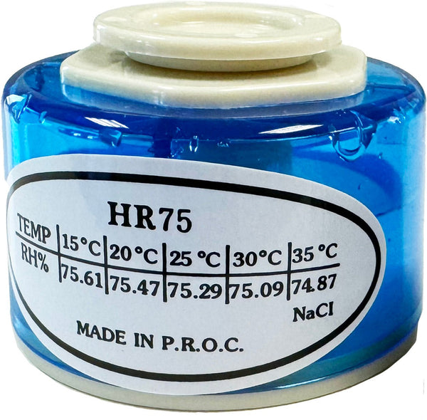 Blue calibration salt container by Sper Scientific with a white label showing temperature and humidity data.
