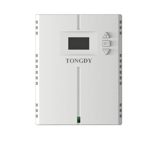 White carbon monoxide monitor and controller by Tongdy with an LCD screen and setting buttons.