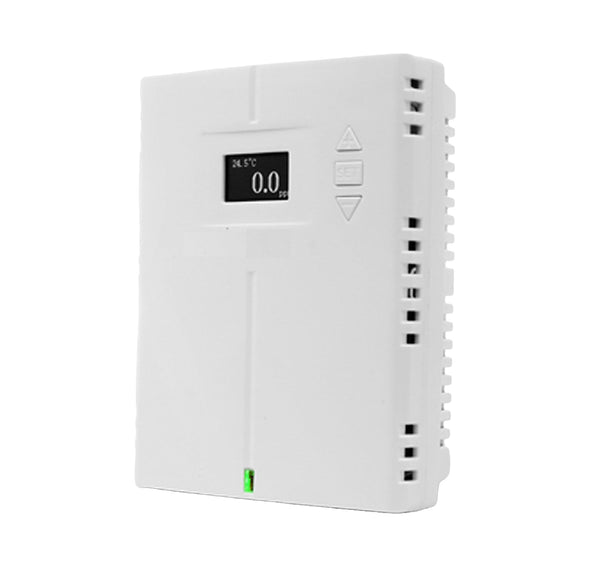 White carbon monoxide monitor and controller by Tongdy, featuring a digital display, buttons and ventilation slots.