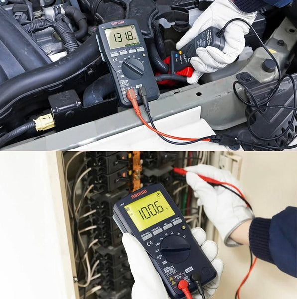 Digital multimeter with true RMS and EF sensing by Sanwa, displaying values on a yellow screen while testing circuits.