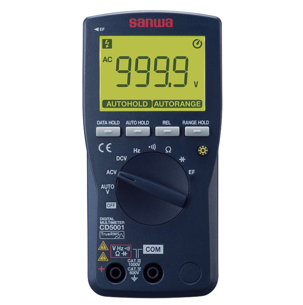 Blue digital multimeter with True RMS and EF sensing by Sanwa, displaying 999.9 volts on a yellow screen.
