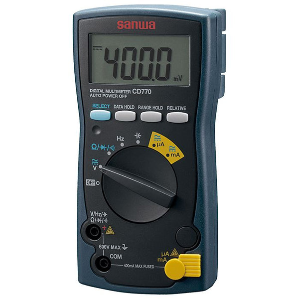 Blue digital multimeter with continuity buzzer by Sanwa, displaying "400.0 mV" and featuring multiple setting buttons.
