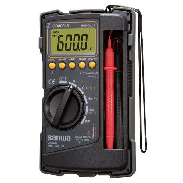 Digital multimeter with a tough body cover by Sanwa, featuring a black casing, display screen, and test leads.
