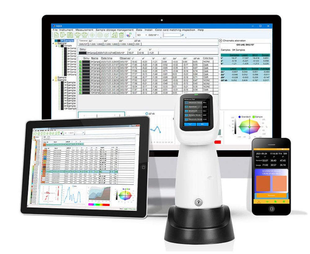 Colorimeter by 3nh, with software displayed on a monitor, tablet, and smartphone.