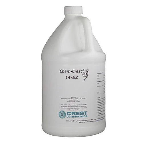 One gallon jug of ultrasonic cleaner solution by Crest Ultrasonics featuring a handle and white bottle.
