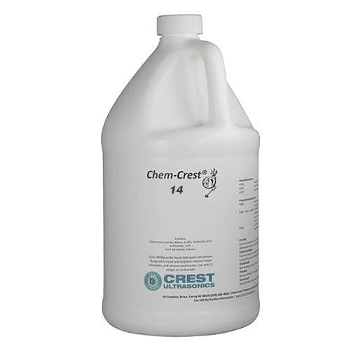 One gallon container of ultrasonic cleaner solution from Crest Ultrasonics, with a handle and white plastic design.