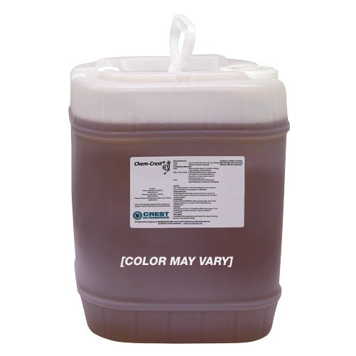 Five-gallon pail of ProPass ultrasonic cleaner solution by Crest Ultrasonics, with a white lid and a brown liquid inside.