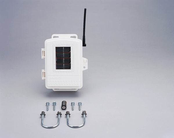 Complete white soil moisture station by Davis Instruments with a solar panel and antenna, along with mounting hardware.
