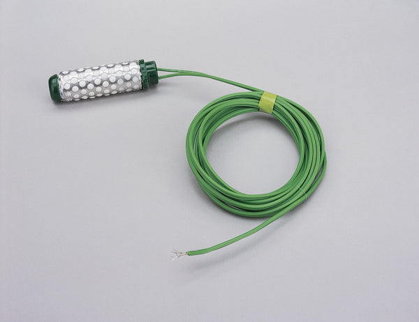 Soil moisture and temperature sensor by Davis Instruments with a coiled green wire and exposed terminals.
