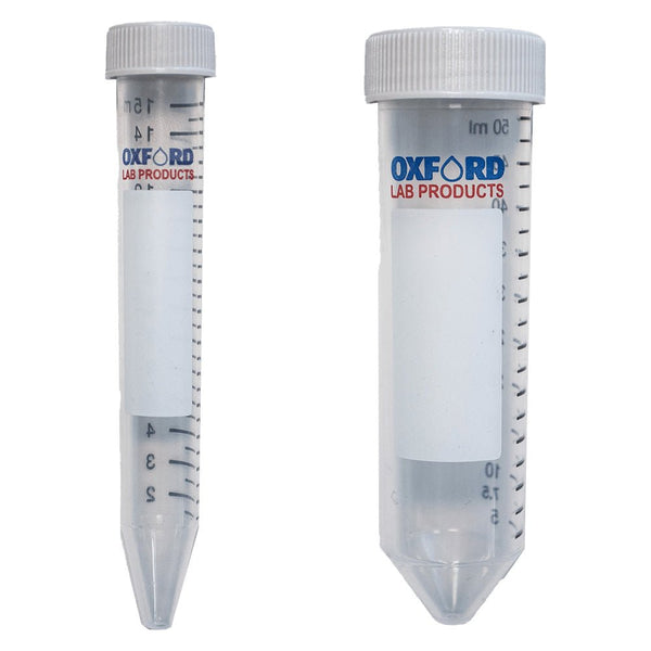 Clear conical centrifuge tubes from Oxford Lab Products, with molded graduation marks and a white label for writing on.
