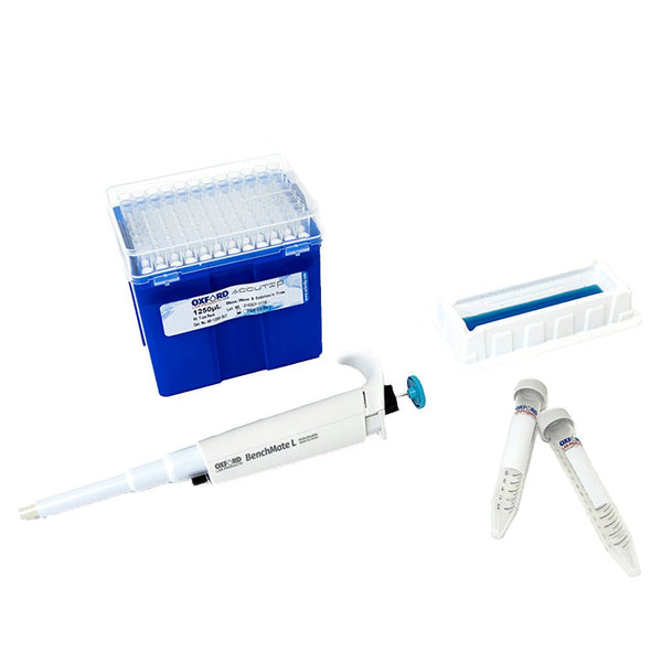 Conical centrifuge tubes by Oxford Lab Products next to lab supplies, including a pipette and tips.
