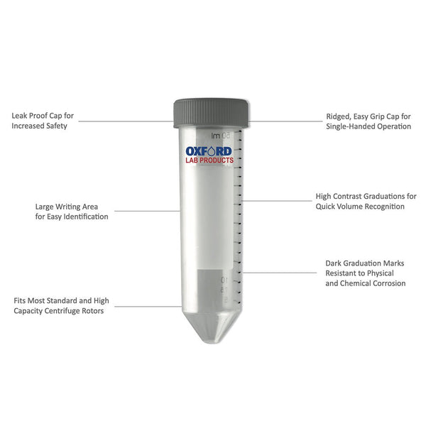 Clear conical centrifuge tube by Oxford Lab Products with graduated markings and a ridged, leak-proof gray cap.