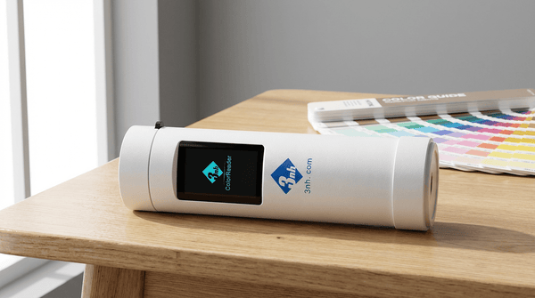 White mini colorimeter by 3nh with 'ColorReader' on the display, resting on a wooden table next to a color guide.
