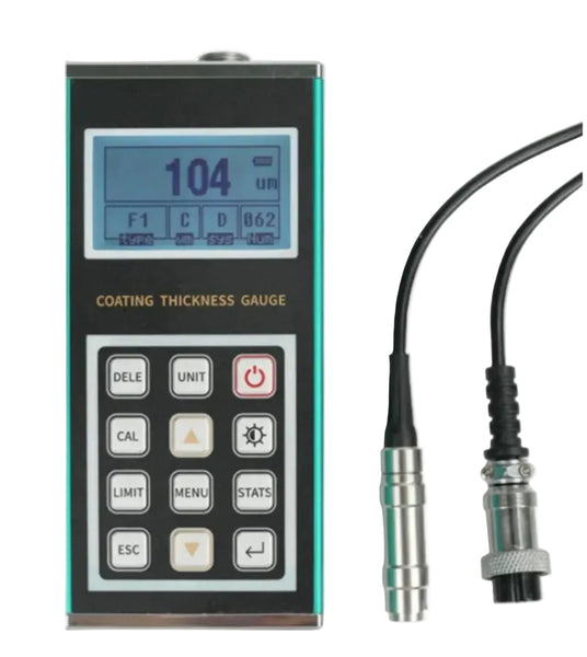 Coating thickness gauge by BRK with a digital screen and various buttons, along with two wired probes.
