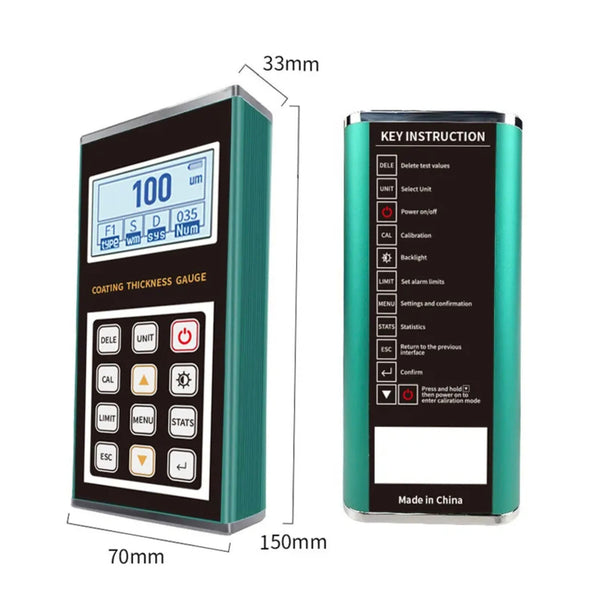 Coating thickness gauge by BRK with key instruction chart, dimensions shown.