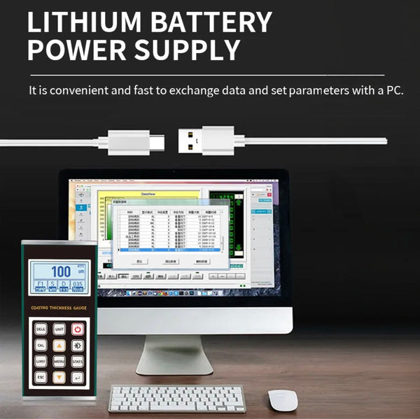Coating thickness gauge by BRK with a digital display, shown with a monitor, keyboard, and mouse.