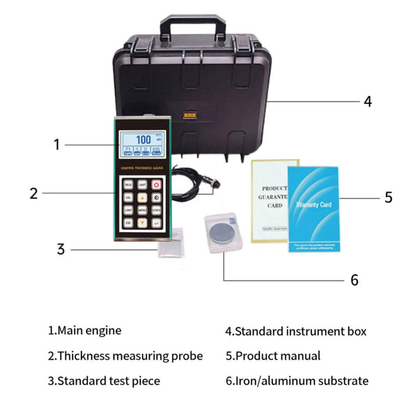 Coating thickness gauge by BRK displayed in a hard-shell protective case with included test pieces and documentation.
