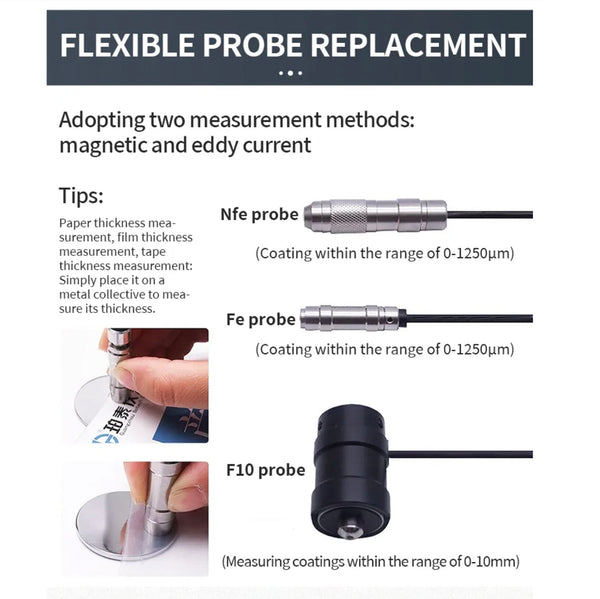 Coating thickness gauge CTN-210B by BRK, featuring flexible probe replacement with magnetic and eddy current measurement capabilities.