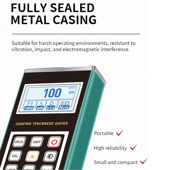 Coating thickness gauge by BRK with a teal metal casing, sealed for harsh environments, with a digital display and button interface.