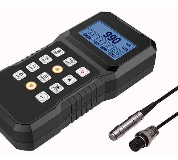 Black coating thickness gauge from BRK with digital display and several buttons, along with attached metal probes.
