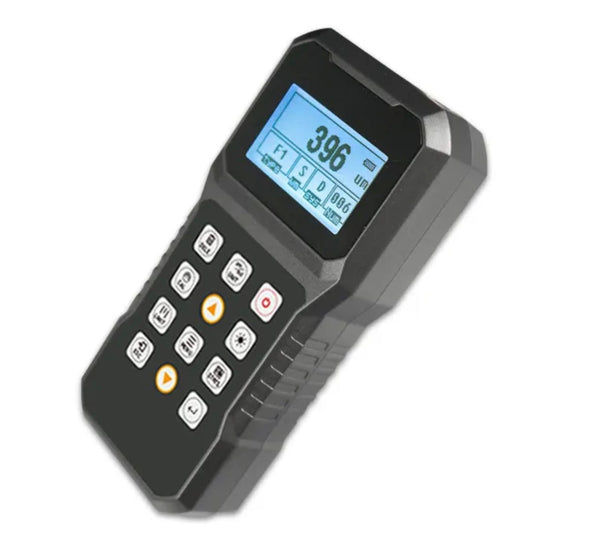 Gray coating thickness gauge by BRK, displaying "396 um" on its backlit screen, with an array of buttons.