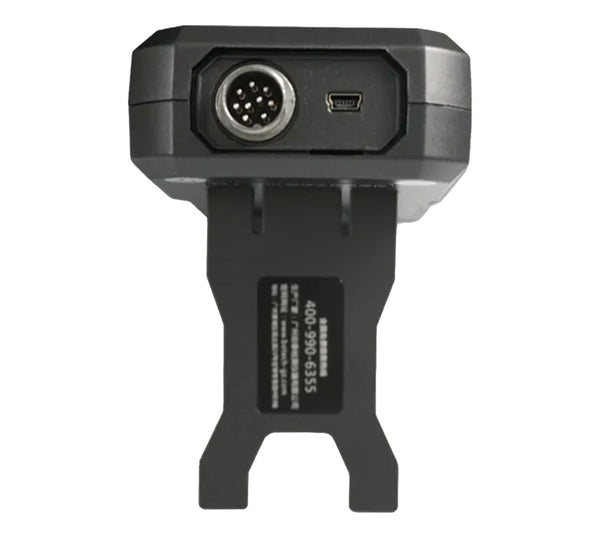 Gray coating thickness gauge by BRK showing the input ports and the mounting stand.