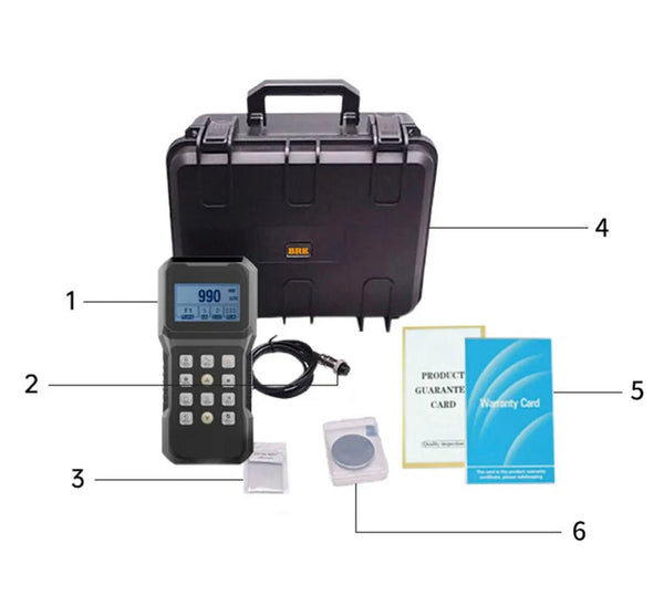 Coating thickness gauge by BRK, displayed with a hard case, cables, and warranty cards.
