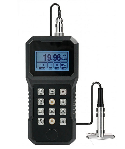 Coating thickness gauge by BRK, featuring a black, handheld meter with a digital display and probe.
