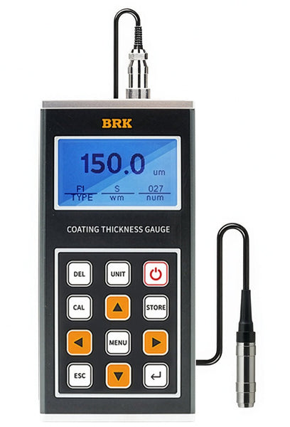Coating thickness gauge by BRK with digital display, multiple buttons, and corded metal probe.