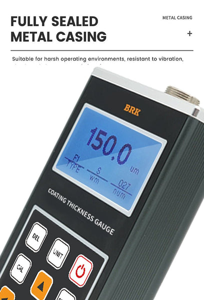 Coating thickness gauge by BRK with a black metal casing and digital display reading "150.0".